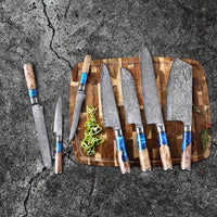 Epoxy Sapphire 6-delige Damascus Messenset + Acacia houder dubbelzijdig Shinrai Japan