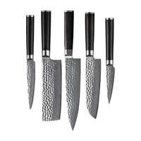 Hammered Damast BR 5-delige Damascus Messenset + Acacia houder dubbelzijdig Messensets Shinrai Japan
