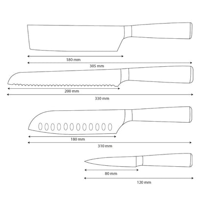 Shinrai Knives - 4-teiliges Messerset mit Damaszener-Print - Santoku + Brotmesser + Nakiri + Schälmesser