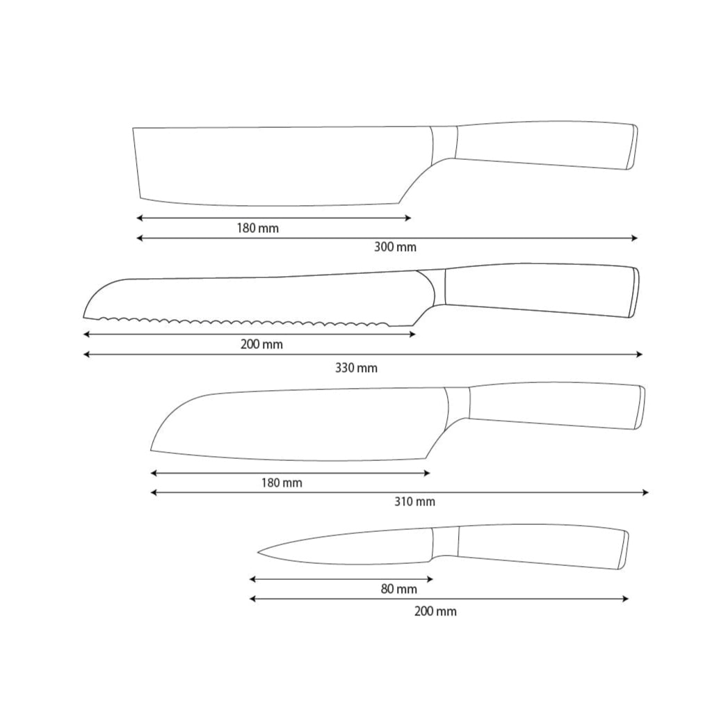 Shinrai Knives - 4-teiliges Messerset aus gehämmertem Edelstahl - Santoku + Brotmesser + Nakiri + Schälmesser