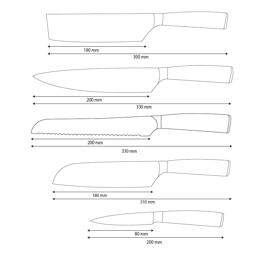 Shinrai Knives - Ensemble de 5 couteaux en acier inoxydable martelé - Couteau de chef + Couteau à pain + Nakiri + Santoku + Couteau d'office