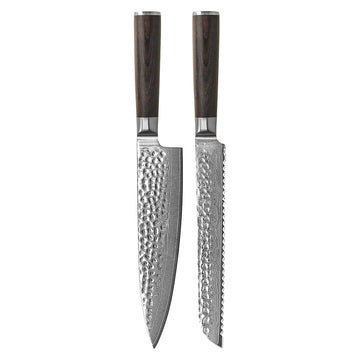 Shinrai Knives - Ensemble de 2 couteaux en damas martelé BR - Couteau de chef + Couteau à pain