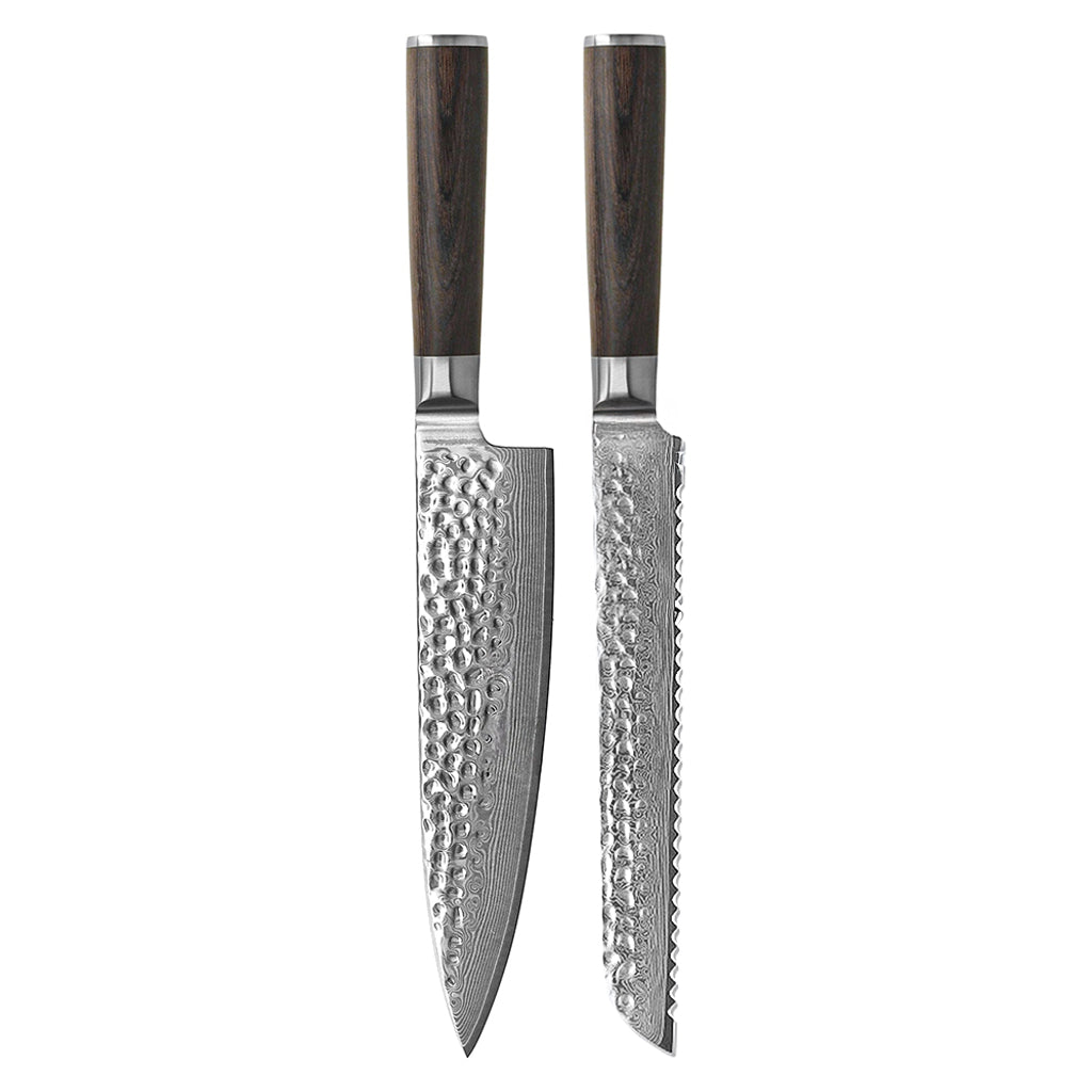 Shinrai Knives - Ensemble de 2 couteaux en damas martelé BR - Couteau de chef + Couteau à pain