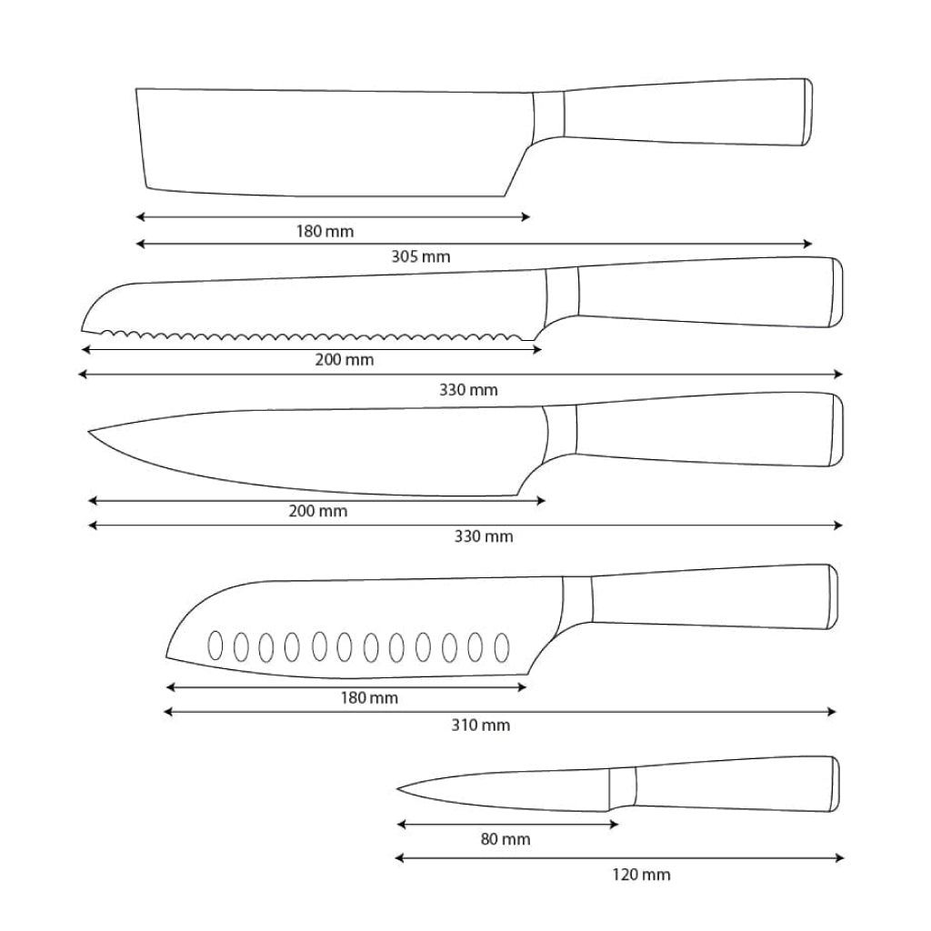 Shinrai Knives – 5-teiliges Messerset mit Damaskus-Druck – Kochmesser + Brotmesser + Nakiri + Santoku + Schälmesser