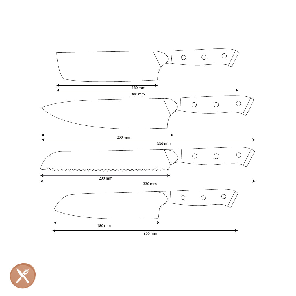Shinrai Knives - Eclipse 4-teiliges Damastmesser-Set - Kochmesser + Nakiri + Santoku + Brotmesser