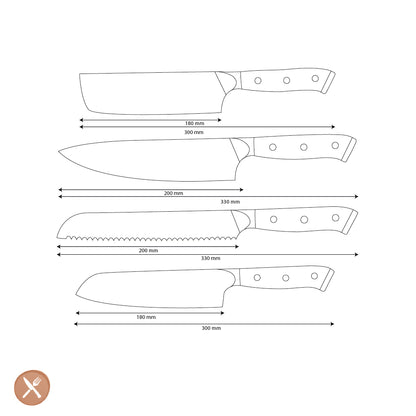 Shinrai Knives - Eclipse 4-teiliges Damastmesser-Set - Kochmesser + Nakiri + Santoku + Brotmesser
