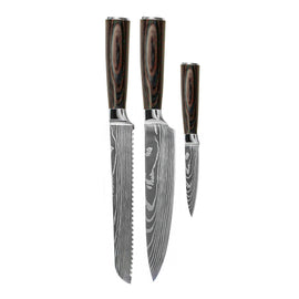 Shinrai Knives – 3-teiliges Messerset mit Damaszener-Print – Kochmesser + Brotmesser + Schälmesser