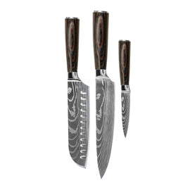 Shinrai Knives – 3-teiliges Messerset mit Damaszener-Print – Kochmesser + Santoku + Schälmesser