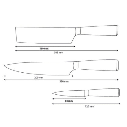 Shinrai Knives – 3-teiliges Messerset mit Damaszener-Print und Epoxid-Saphir – Kochmesser + Nakiri + Schälmesser