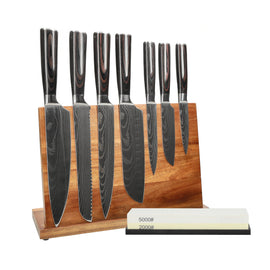 Shinrai Knives - Damascus Print 7-teiliges Messerset + Messerblock + Schleifstein