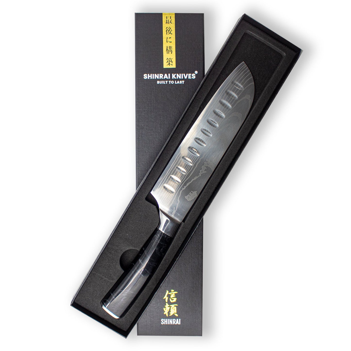 Shinrai Knives – Santokumesser mit Damaszener-Print und Onyx-Epoxidharz, 18 cm