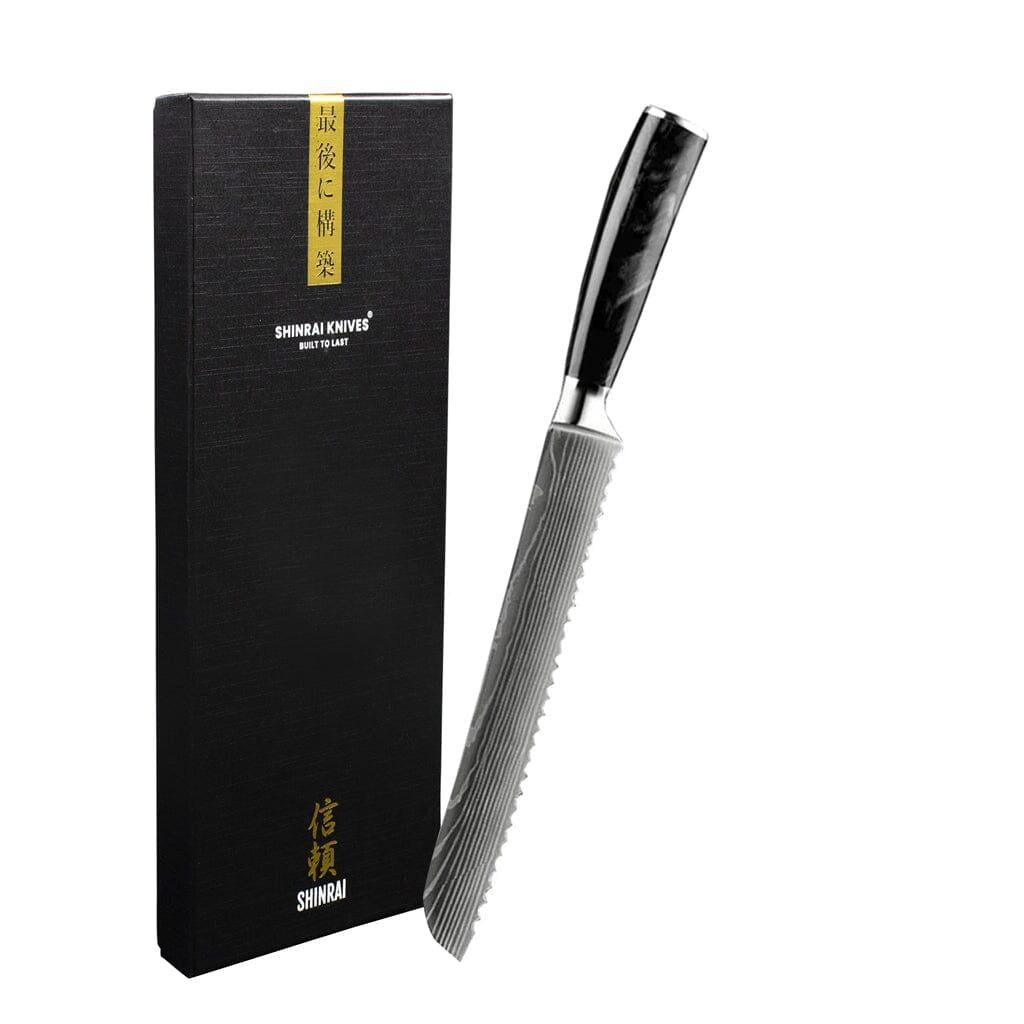 Shinrai Knives - Brotmesser mit Damascus Print Epoxy Onyx 20 cm