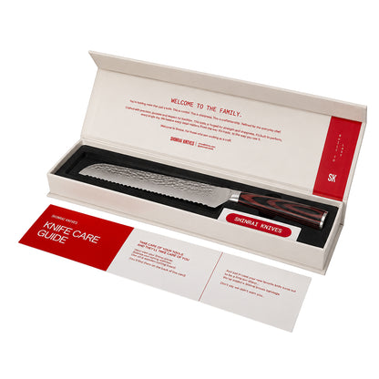 Shinrai Knives – 5-teiliges Messerset aus gehämmertem Edelstahl – Kochmesser + Brotmesser + Nakiri + Santoku + Schälmesser