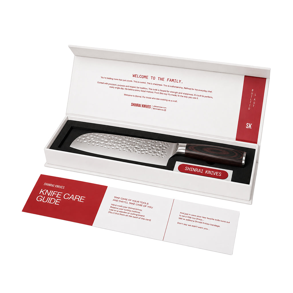 Shinrai Knives – 5-teiliges Messerset aus gehämmertem Edelstahl – Kochmesser + Brotmesser + Nakiri + Santoku + Schälmesser