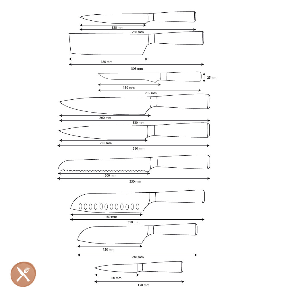 Shinrai Knives – 9-teiliges Messerset mit Damaszener-Print und Onyx-Epoxid