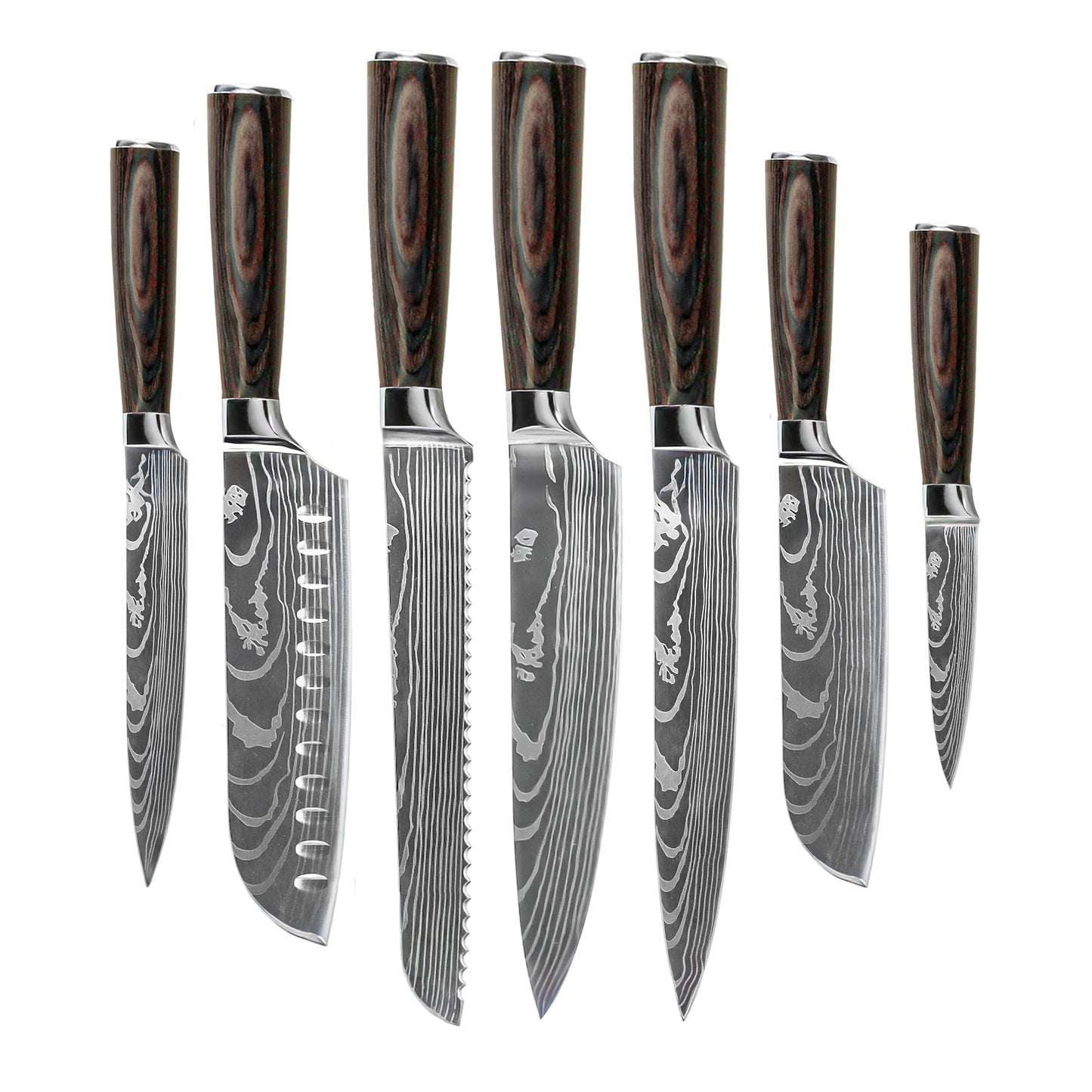 Shinrai Knives - Damascus Print 7-teiliges Messerset + Messerblock + Schleifstein