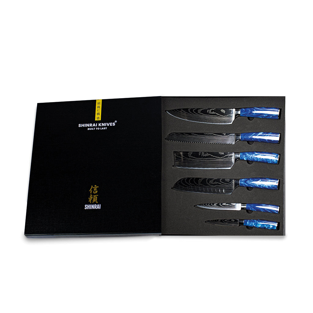 Shinrai Knives – 6-teiliges Messerset mit Epoxy-Saphir-Damaskus-Druck + magnetischer Messerblock Scalae – Akazienholz