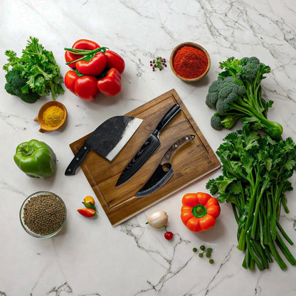 Shinrai Knives – 3 braune Messer + Schneidebrett