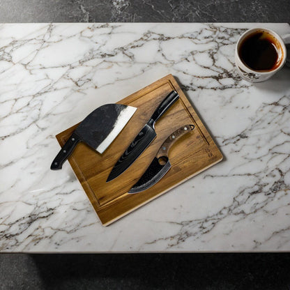 Shinrai Knives – 3 braune Messer + Schneidebrett