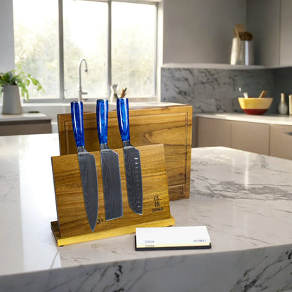 Shinrai Japan - Ensemble de couteaux 3 pièces Epoxy Sapphire + pierre à aiguiser + support magnétique + planche à découper
