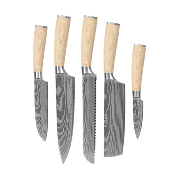 Shinrai Knives - Akari Damast-Druck 5-teiliges Set - Kochmesser + Brotmesser + Nakiri + Kleines Santoku + Schälmesser
