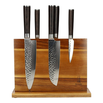 Hammered Damast BR 5-Delige Messenset + Magnetisch Messenblok Dubbelzijdig Messenset met blok Shinrai Knives 