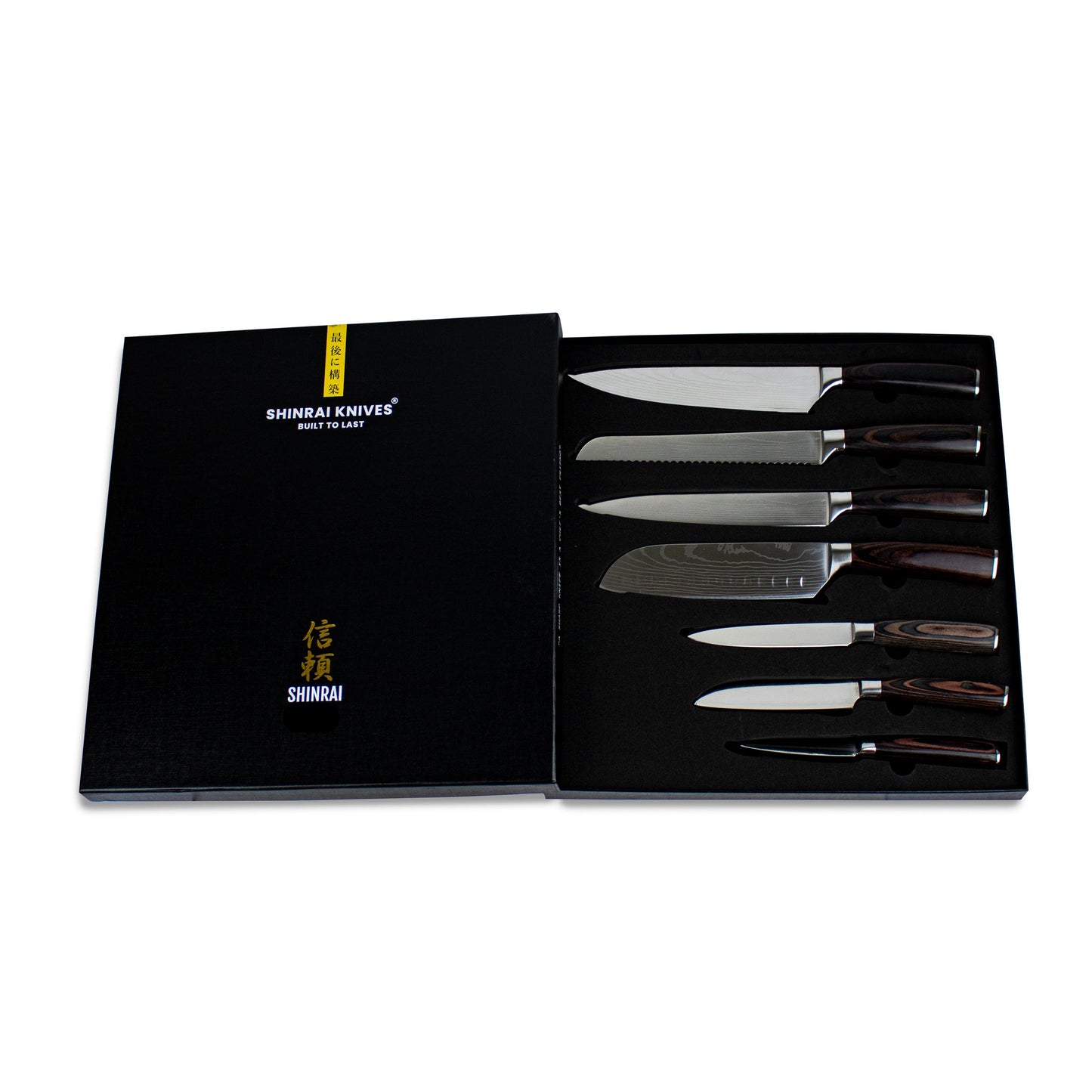 Shinrai Knives - 7-teiliges Messerset mit Damascus-Print + Messerblockstanze