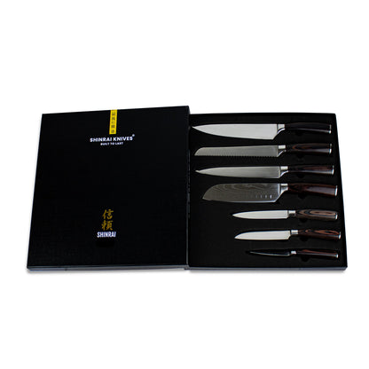 Shinrai Knives - 7-teiliges Messerset mit Damascus-Print + Messerblockstanze