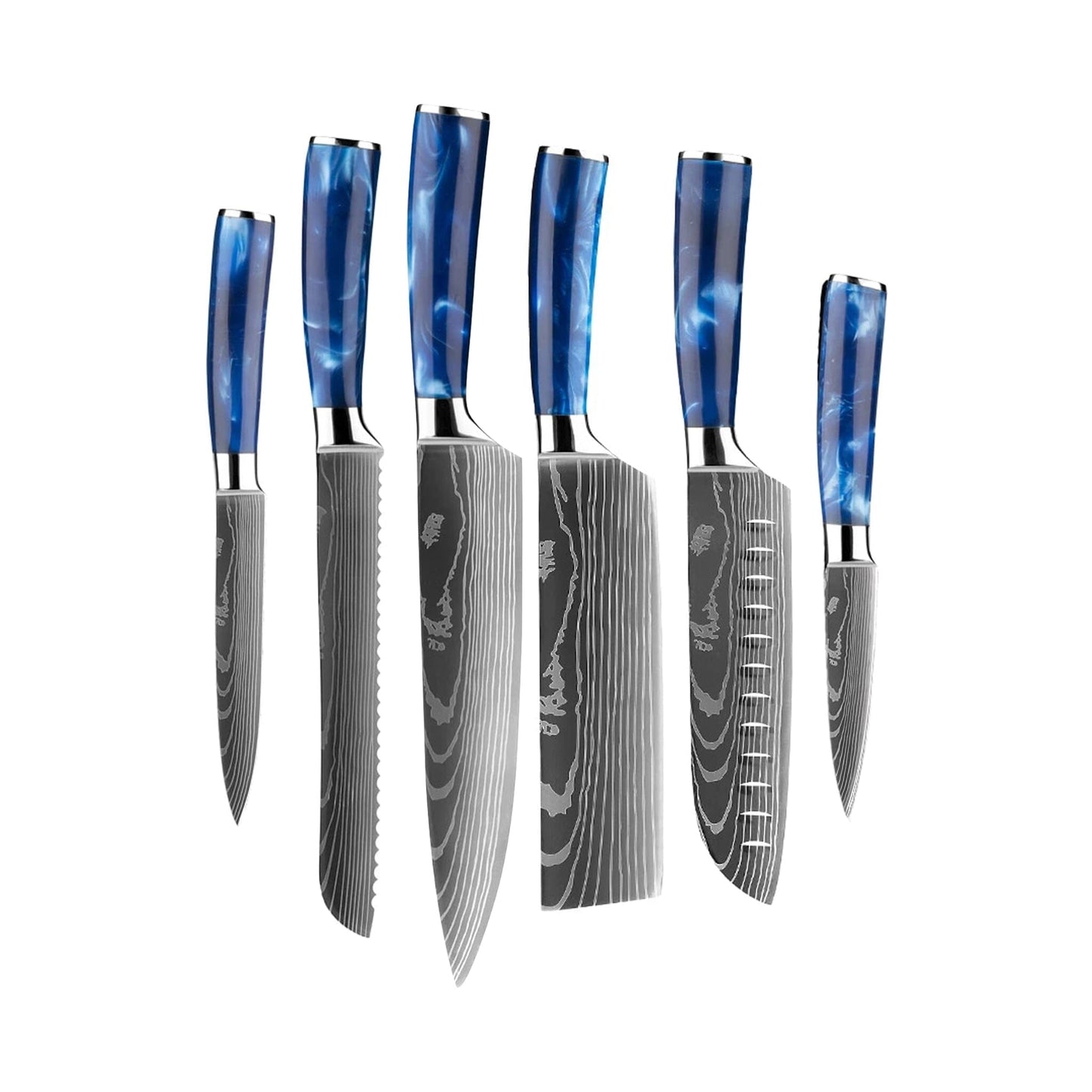 Paasbundel: Epoxy Sapphire Damascus Print 6-delige Messenset + GRATIS olive wood serveerplank Messenset met blok KookGigant 