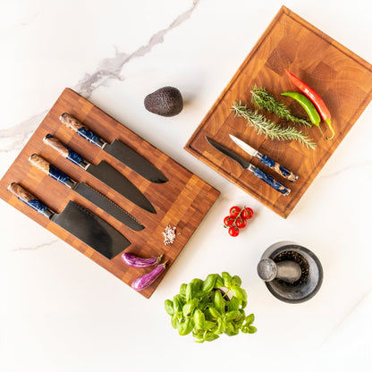 Shinrai Japan - Epoxy Sapphire 6-delige Damascus Messenset + Magnetisch Messenblok Scalae - Acacia hout Shinrai Japan 