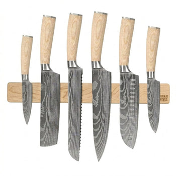 Shinrai Knives - Akari Damascus Print 6-delige Messenset + Messenmagneet Muurstrip - Esdoornhout Messenset met blok Shinrai Knives 