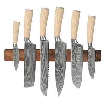 Shinrai Knives - Akari Damascus Print 6-delige Messenset + Messenmagneet Muurstrip - Walnotenhout Messenset met blok Shinrai Knives 