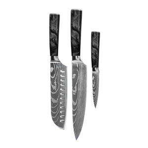 Couteaux Shinrai - Coffret de 3 couteaux en époxy onyx à motif damassé - Couteau de chef + Santoku + Couteau d'office