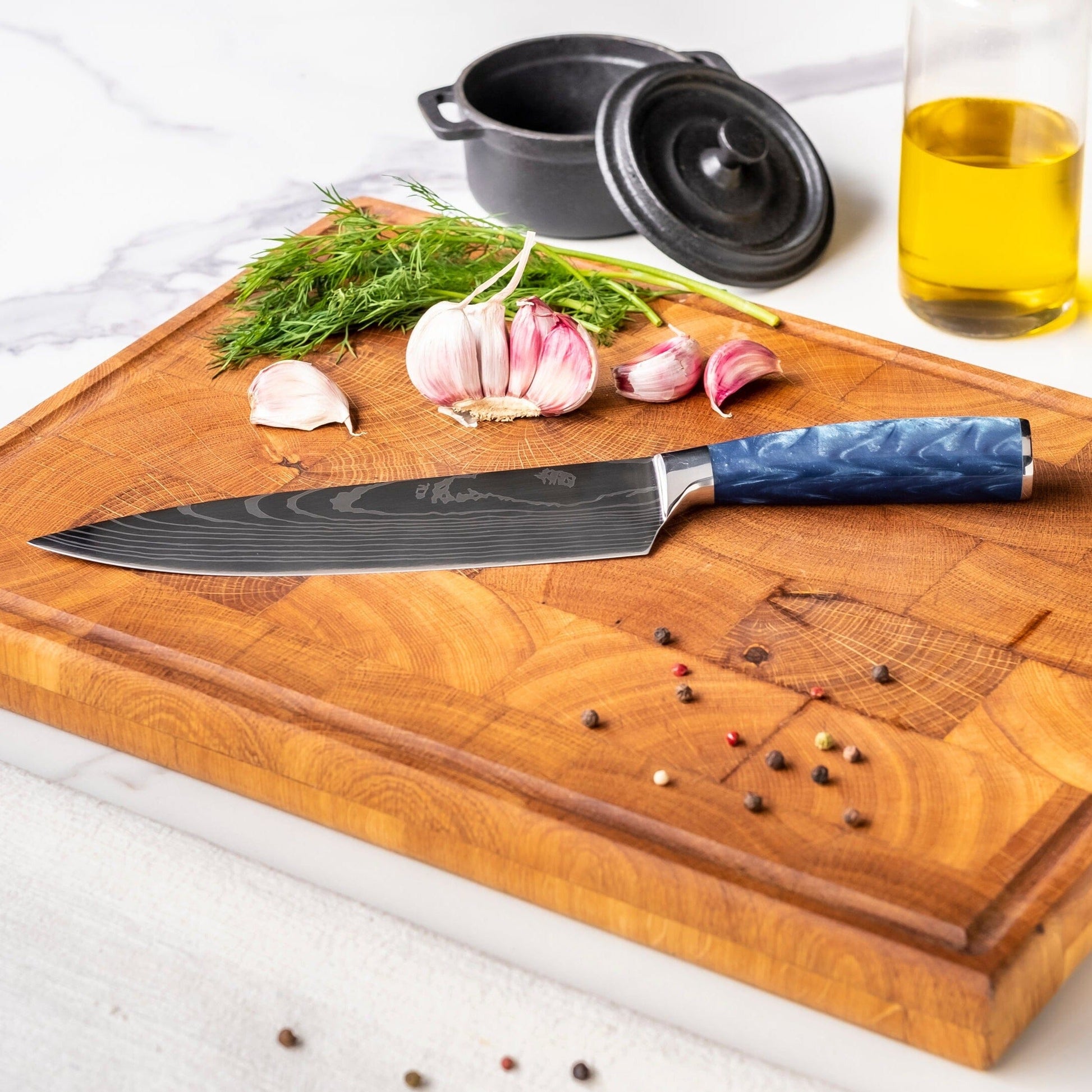 Shinrai Knives - Damascus Print Epoxy Sapphire 3-delige Messenset - Koksmes + Nakiri + Schilmes Messenset Shinrai Knives 