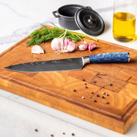 Couteaux Shinrai - Coffret de 3 couteaux en résine époxy saphir à motif damassé - Couteau de chef + Santoku + Couteau d'office