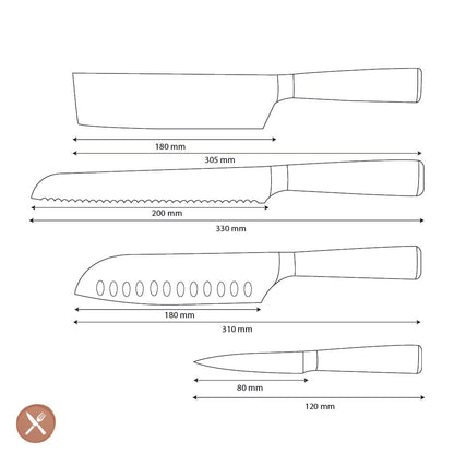 Shinrai Knives - Damascus Print Epoxy Sapphire 4-delige Messenset - Santoku + Broodmes + Nakiri + Schilmes Messenset Shinrai Knives 