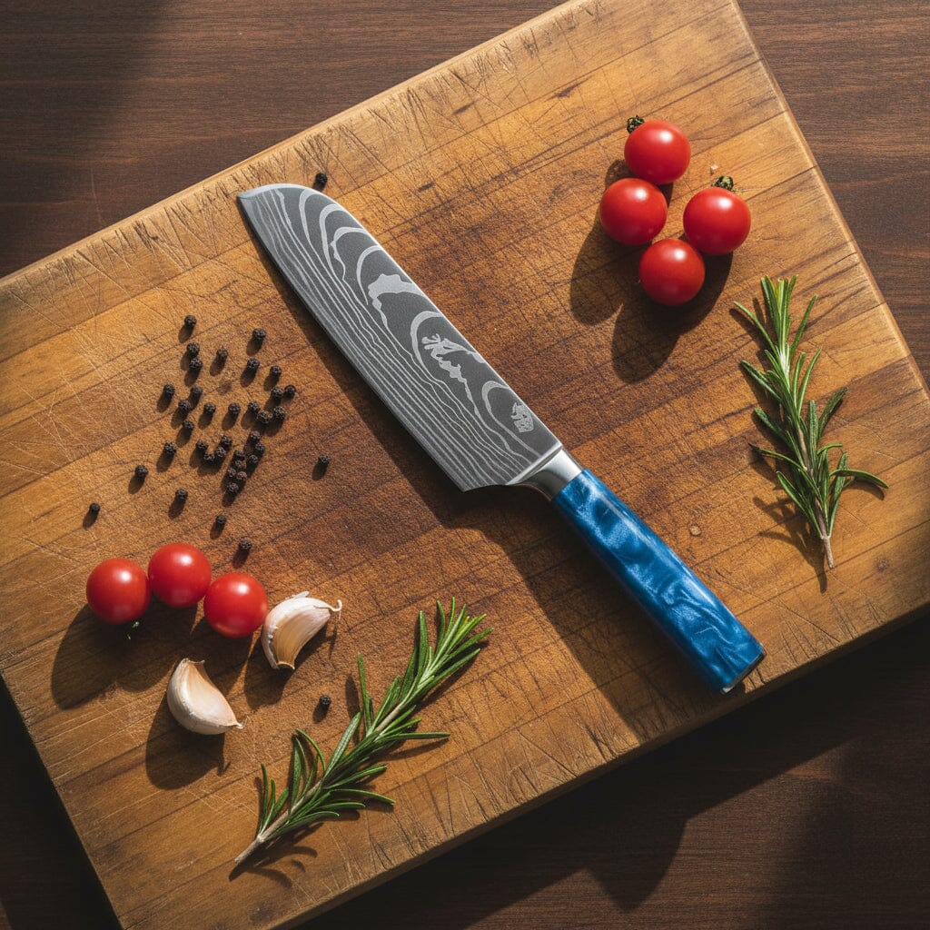 Shinrai Knives - Damascus Print Epoxy Sapphire 5-delige Messenset - Koksmes + Broodmes + Nakiri + Kleine Santoku + Schilmes Messenset Shinrai Knives 