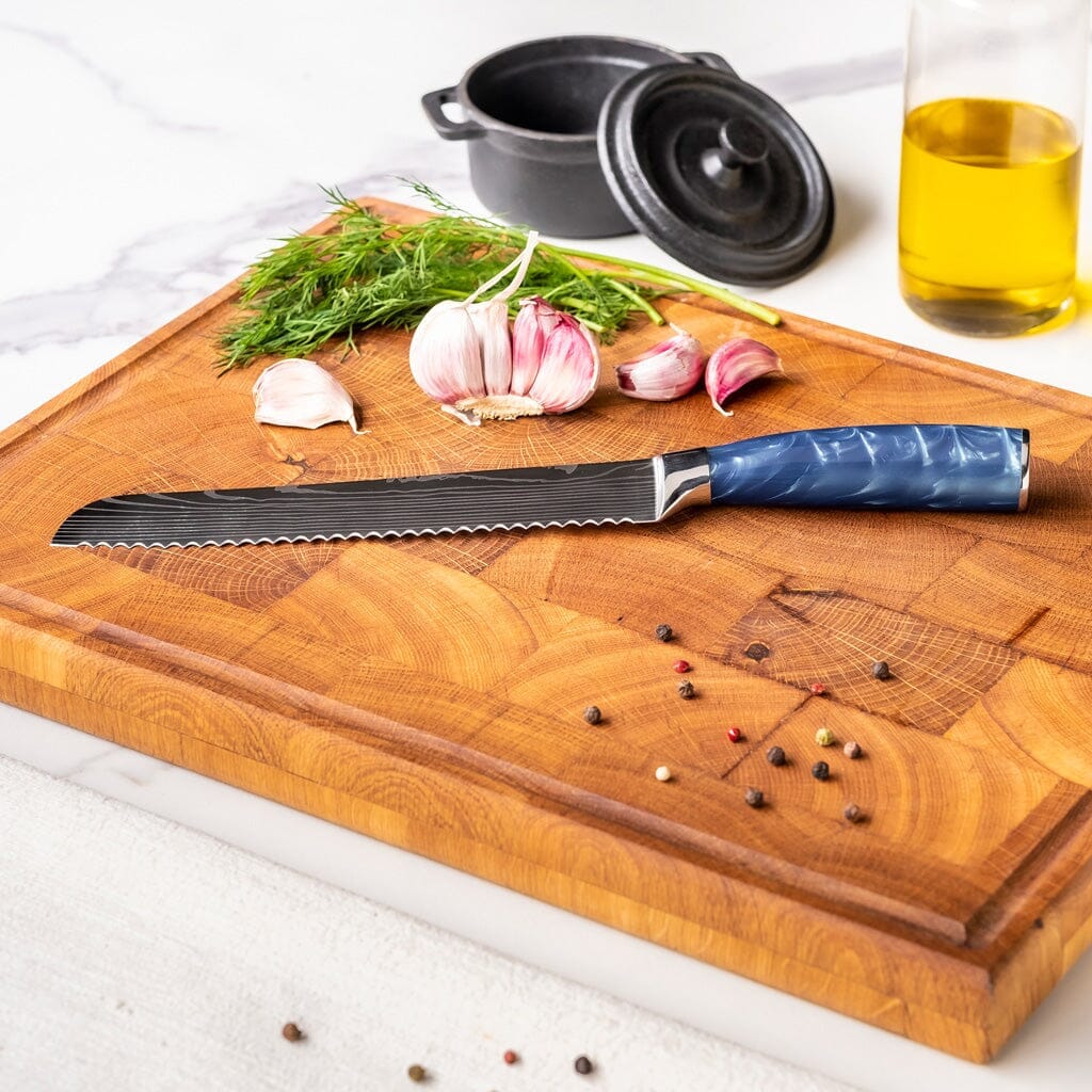 Shinrai Knives - Damascus Print Epoxy Sapphire 5-delige Messenset - Koksmes + Broodmes + Nakiri + Santoku + Schilmes Messenset Shinrai Knives 