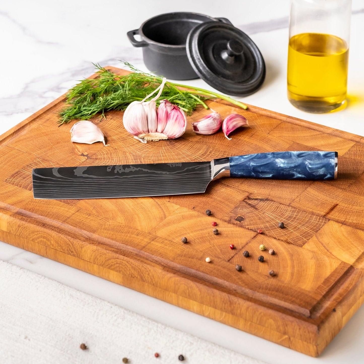 Shinrai Knives - Damascus Print Epoxy Sapphire 5-delige Messenset - Koksmes + Broodmes + Nakiri + Santoku + Schilmes Messenset Shinrai Knives 