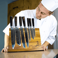 Couteaux Shinrai - Coffret complet Damas - Ensemble de couteaux complet avec bloc, planche à découper et pierre à aiguiser 