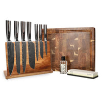 Couteaux Shinrai - Coffret complet Damas - Ensemble de couteaux complet avec bloc, planche à découper et pierre à aiguiser 