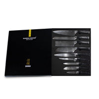 Couteaux Shinrai - Coffret de 9 couteaux en résine époxy onyx à motif damassé + bloc magnétique ; Couteaux Scalae - Coffret de couteaux en bois d'acacia avec bloc ; Couteaux Shinrai