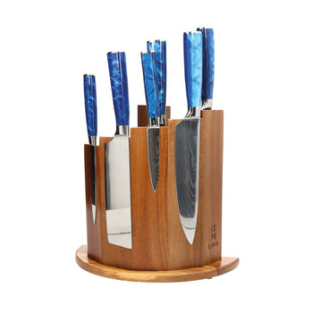 Shinrai Knives - Epoxy Sapphire Damascus Print 6-delige Messenset + Magnetisch Messenblok Scalae - Acacia hout Messenset met blok Shinrai Knives 