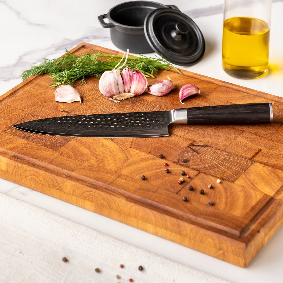 Couteaux Shinrai - Coffret de 2 couteaux en acier damassé martelé BR - Couteau de chef + couteau à pain