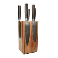 Couteaux Shinrai - Coffret de 5 couteaux en acier damassé martelé BR + bloc à couteaux - Coffret de couteaux rotatifs avec bloc - Couteaux Shinrai