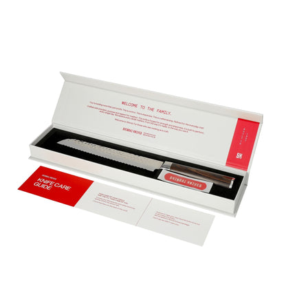 Shinrai Knives - Ensemble de 2 couteaux en damas martelé BR - Couteau de chef + Couteau à pain