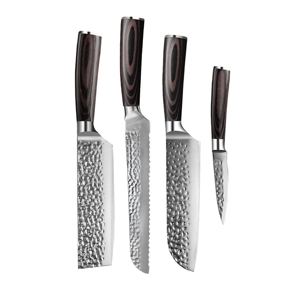 Shinrai Knives - Hammered RVS 4-delige Messenset - Santoku + Broodmes + Nakiri + Schilmes Messenset Shinrai Knives 