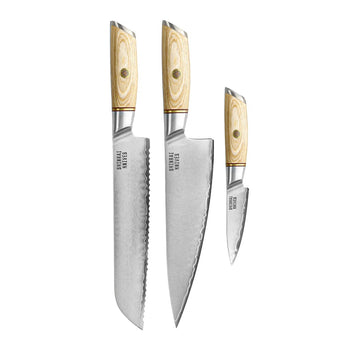 Shinrai Knives - Hikari Damascus 3-delige set - Koksmes + Broodmes + Schilmes Messenset Shinrai Knives 