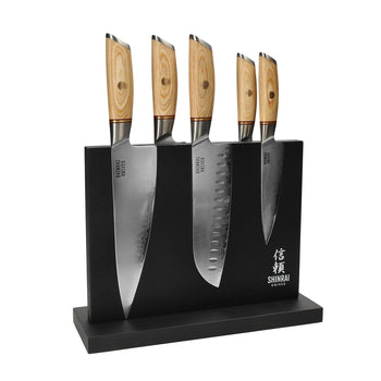 Shinrai Knives - Hikari Damascus 5-delige messenset + Messenblok Dubbelzijdig zwart Messenset met blok Shinrai Knives 