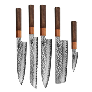 Shinrai Knives - Kigami Exclusive Damascus 5-delige set - Koksmes + Broodmes + Nakiri + Santoku + Schilmes Messenset Shinrai Knives 